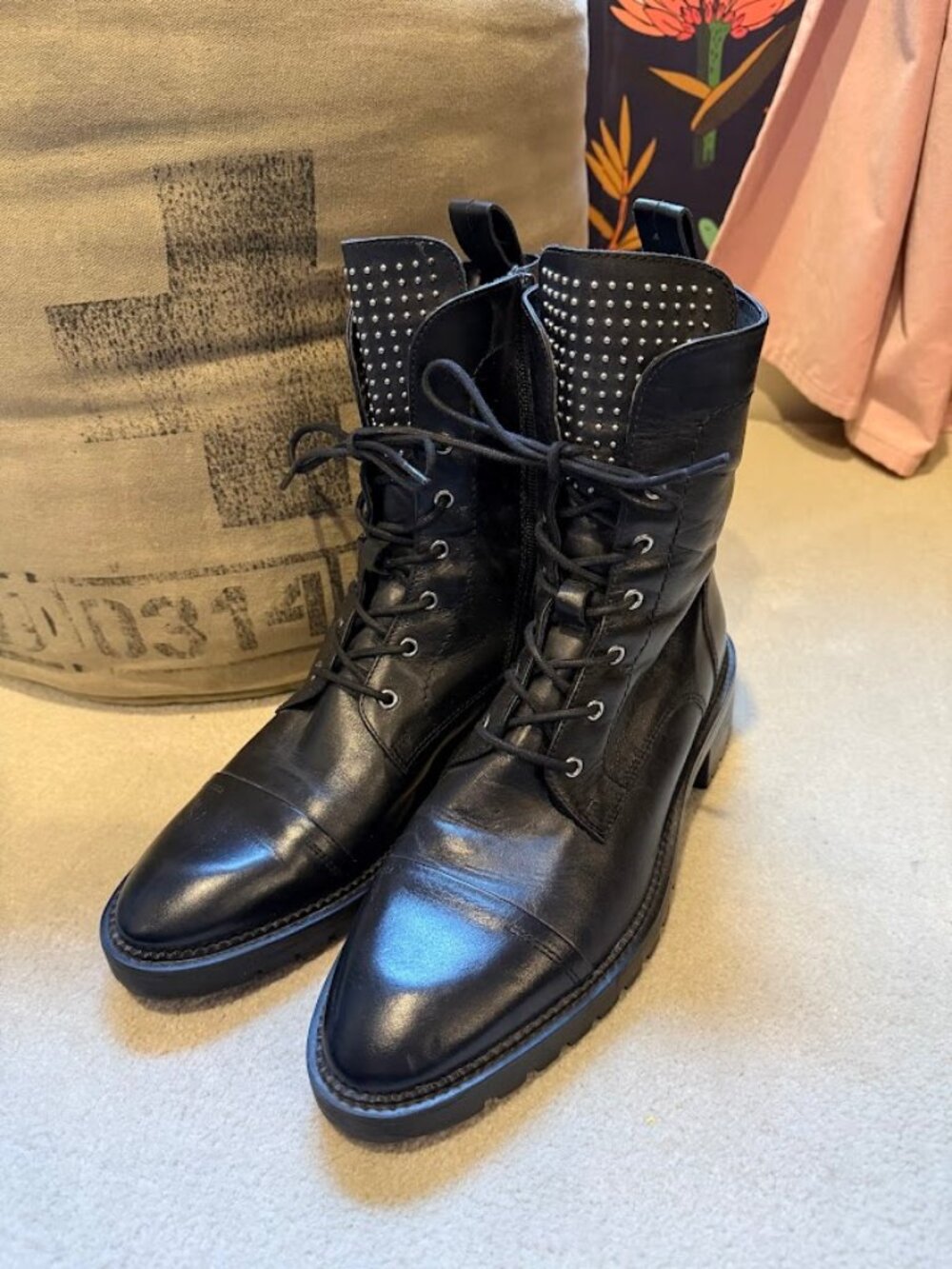 Zara Black Leather Studded Combat Boots Size EU 41/Size 10